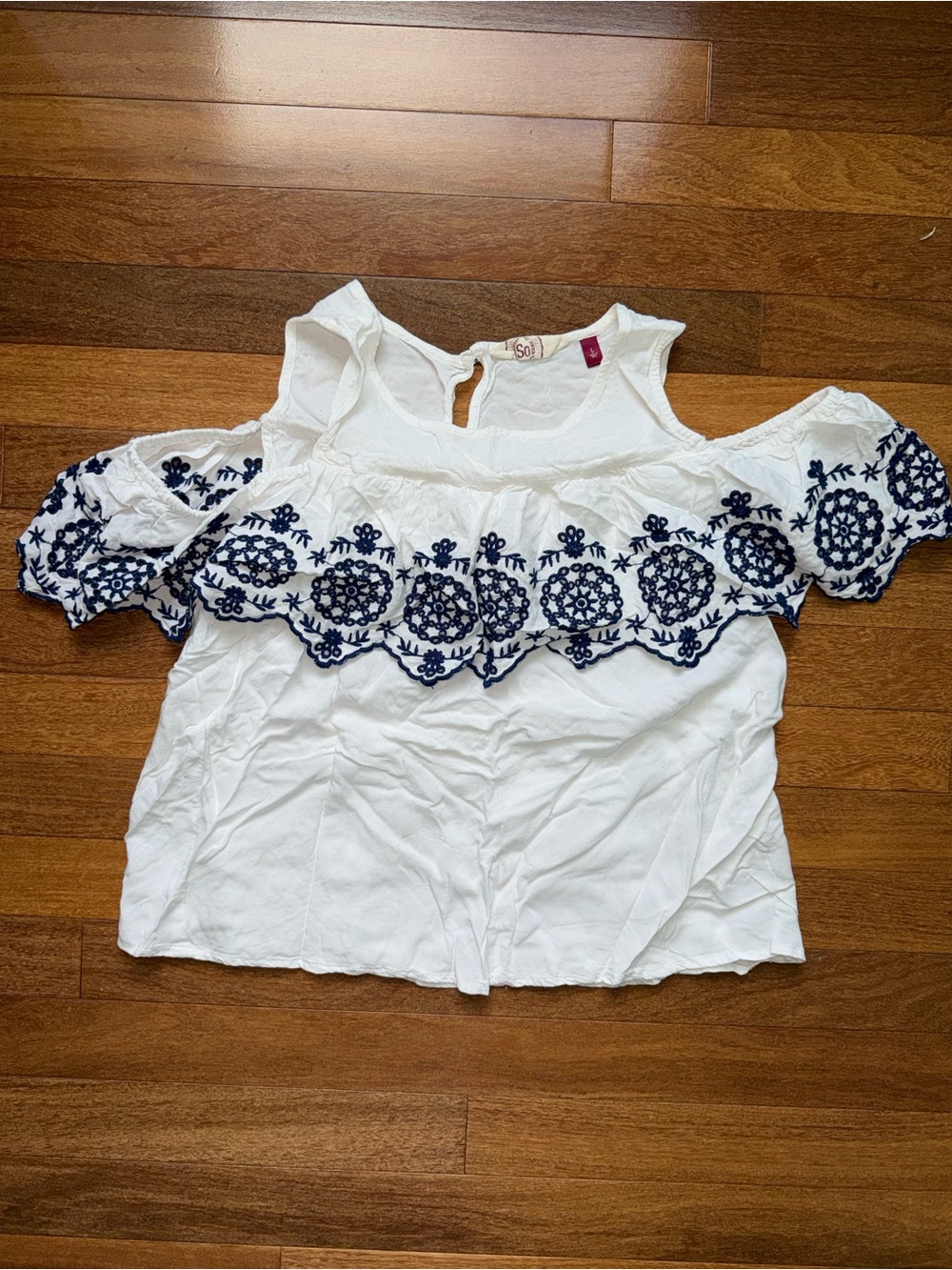 So White Cold-Shoulder Crop Top with Navy Embroidery